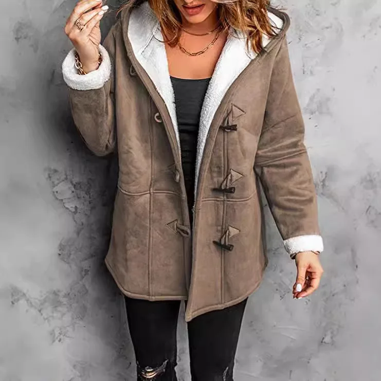 

2025 Autumn and Winter Women's Mid-length Double-breasted Hooded Fleece Windbreaker Coat Warm Top