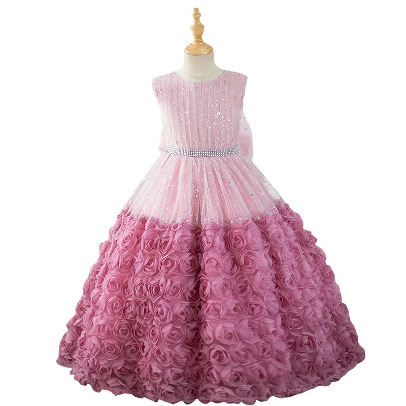 Robe de princesse pour filles, tenue de Rh, longue, avec nœud, motif floral rose, pour mariage, fête d'anniversaire, élégante