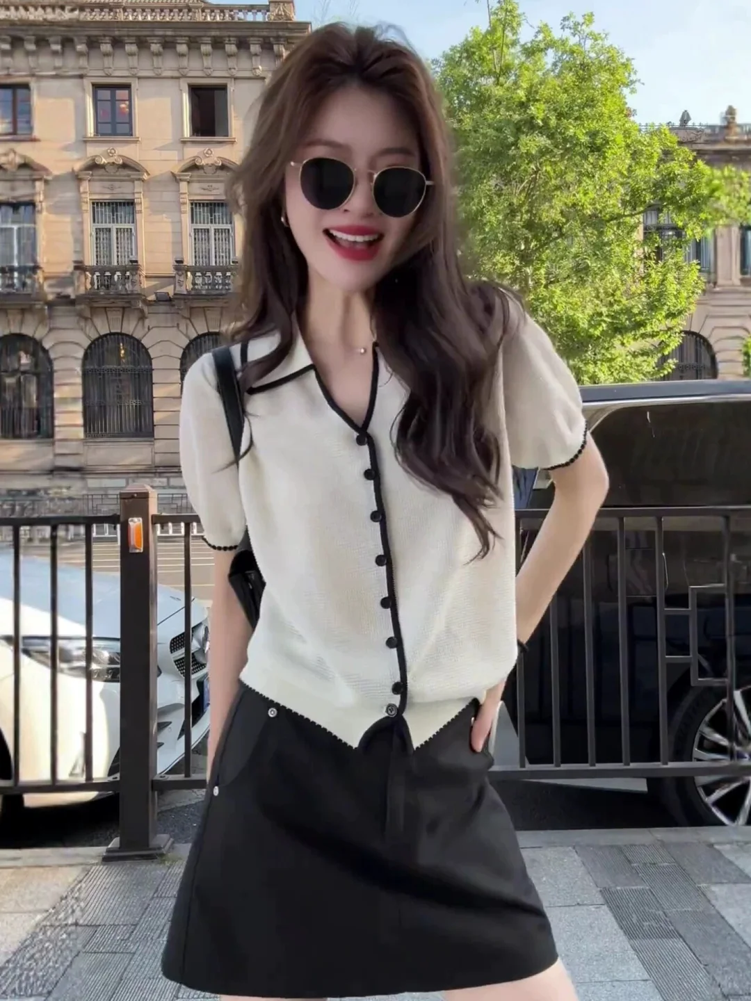 

Stylish Color Block Short Sleeve Knitted Open Cardigan Women's Summer High End Feeling Shoulder Top V Neck Loose Fit Korean S...