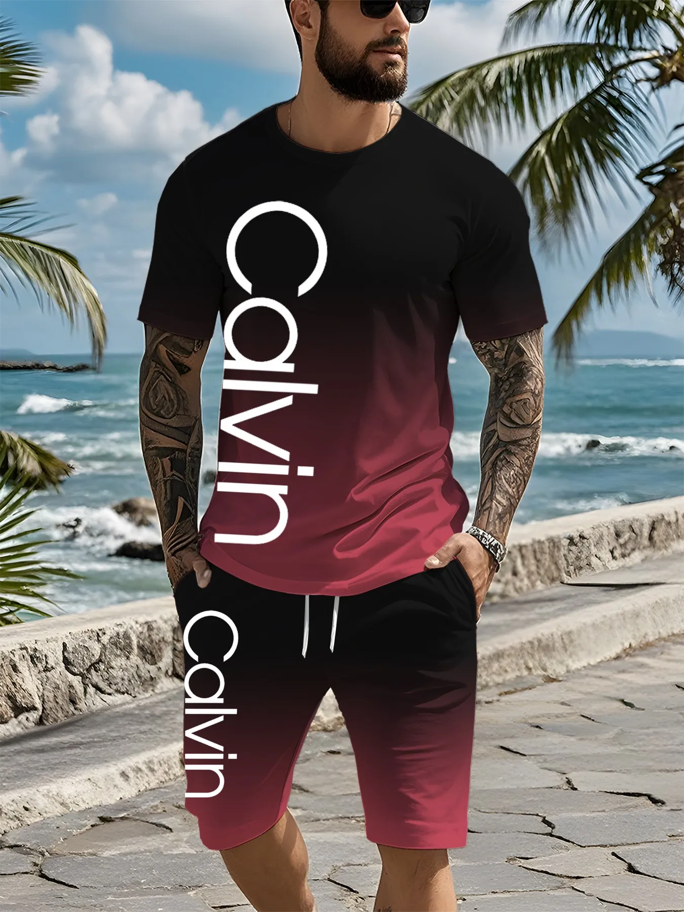 Conjunto de dos piezas para hombre de verano 2025, novedad de verano, pantalones cortos deportivos de moda para sudar, pantalones cortos de manga corta, conjunto estampado para hombre Me All transpirable S