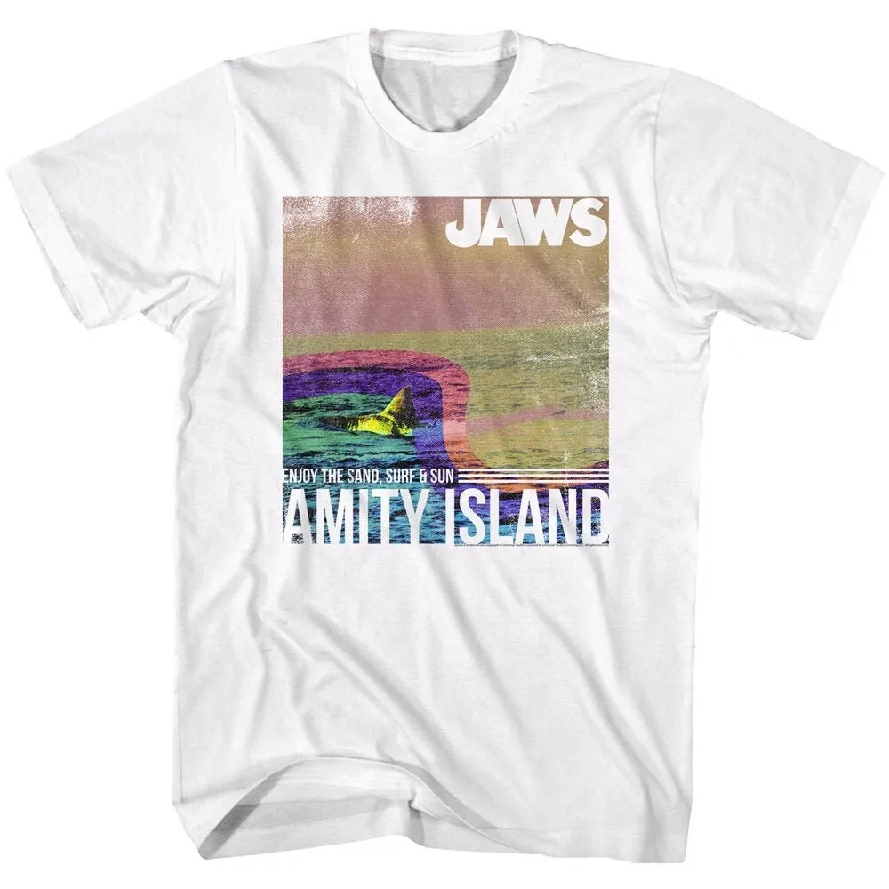 Jaws Amity Island Enjoy The Sand Surf And Sun White T Shirt