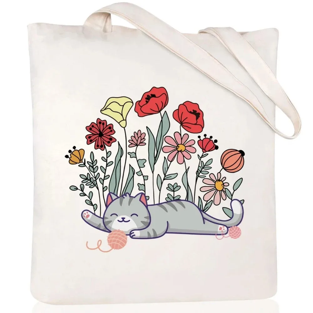Cute Cat Flower Canvas Handbag Cat Playing with Yarn Ball Print Environmentally Friendly Reusable Shoulder Shopping Handbag Gift