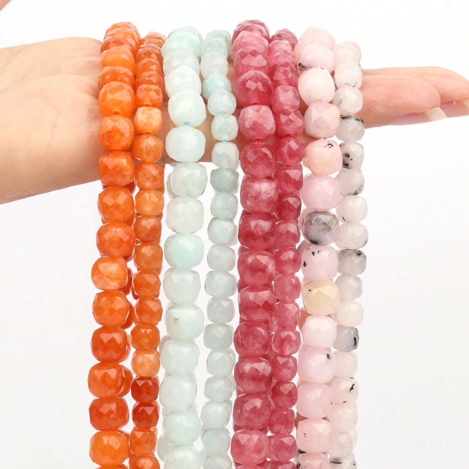 6/8mm Carnelian Jade Stone Beads Faceted Square Cube Beads Strawberry Quartz Pink Opal Nephrite Red For Jewelry Making Accessory