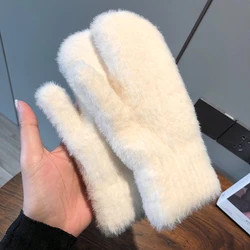 New Women Winter Keep Warm Plus Cashmere Solid Elasticity Soft Full Fingers Mittens Gloves Imitation Rabbit Fur Knitted Cute