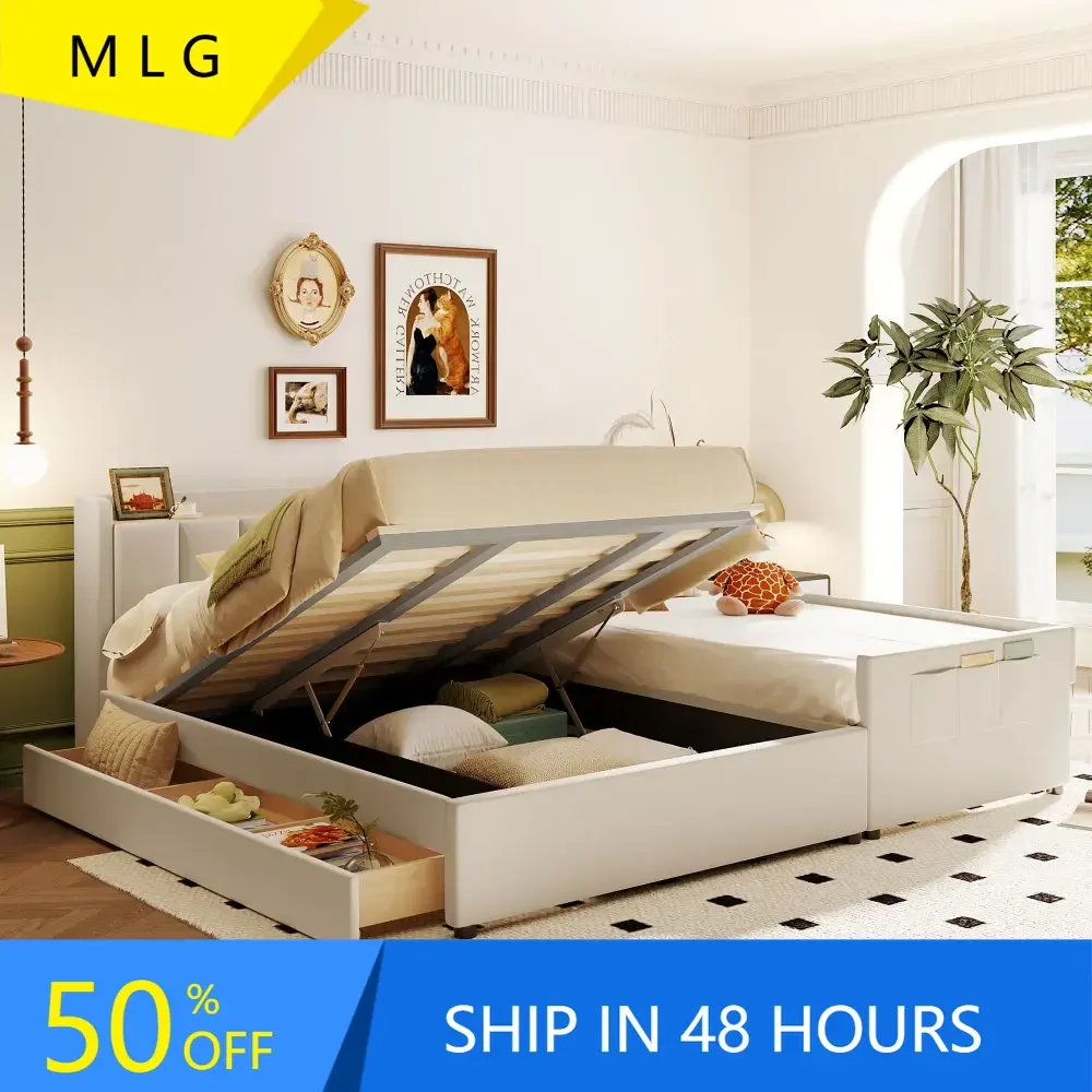 

Lift-up Mother & Child Platform Bed and 2 Drawers, Queen Size Combination Twin XL Bed Frame with Storage Headboard for Bedroom