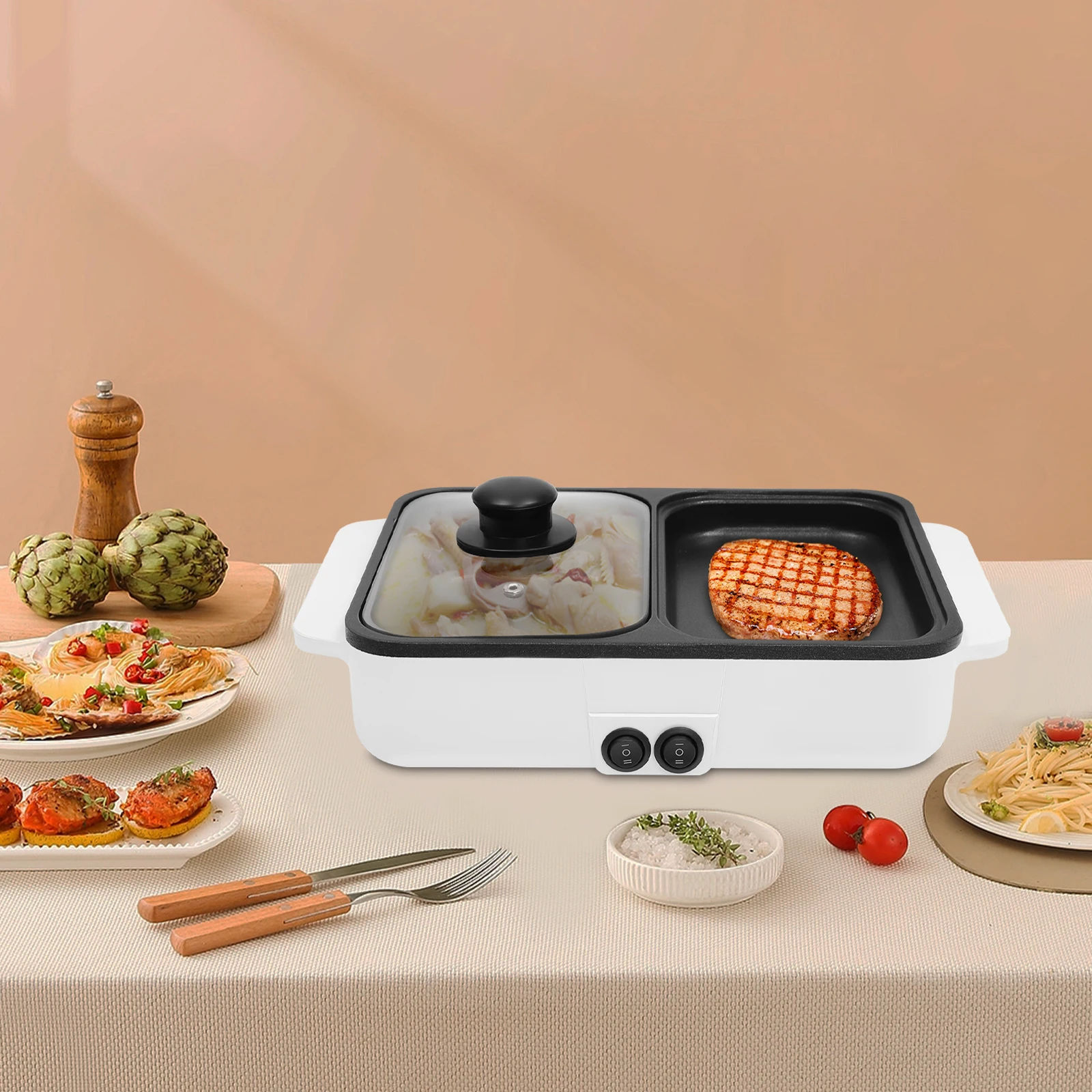 

Multifunctional 2-in-1 Cooking BBQ Hot Pot, Anti-scald Handles Overheat Protection US Plug, Grill for Steak/Seafood/Hot Pot