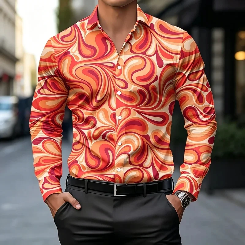 Men's Printed Collared Slim Fit Long Sleeve Shirt, All-over Print Flowy Shirt, Plus Size Trendy Party Cardigan Top