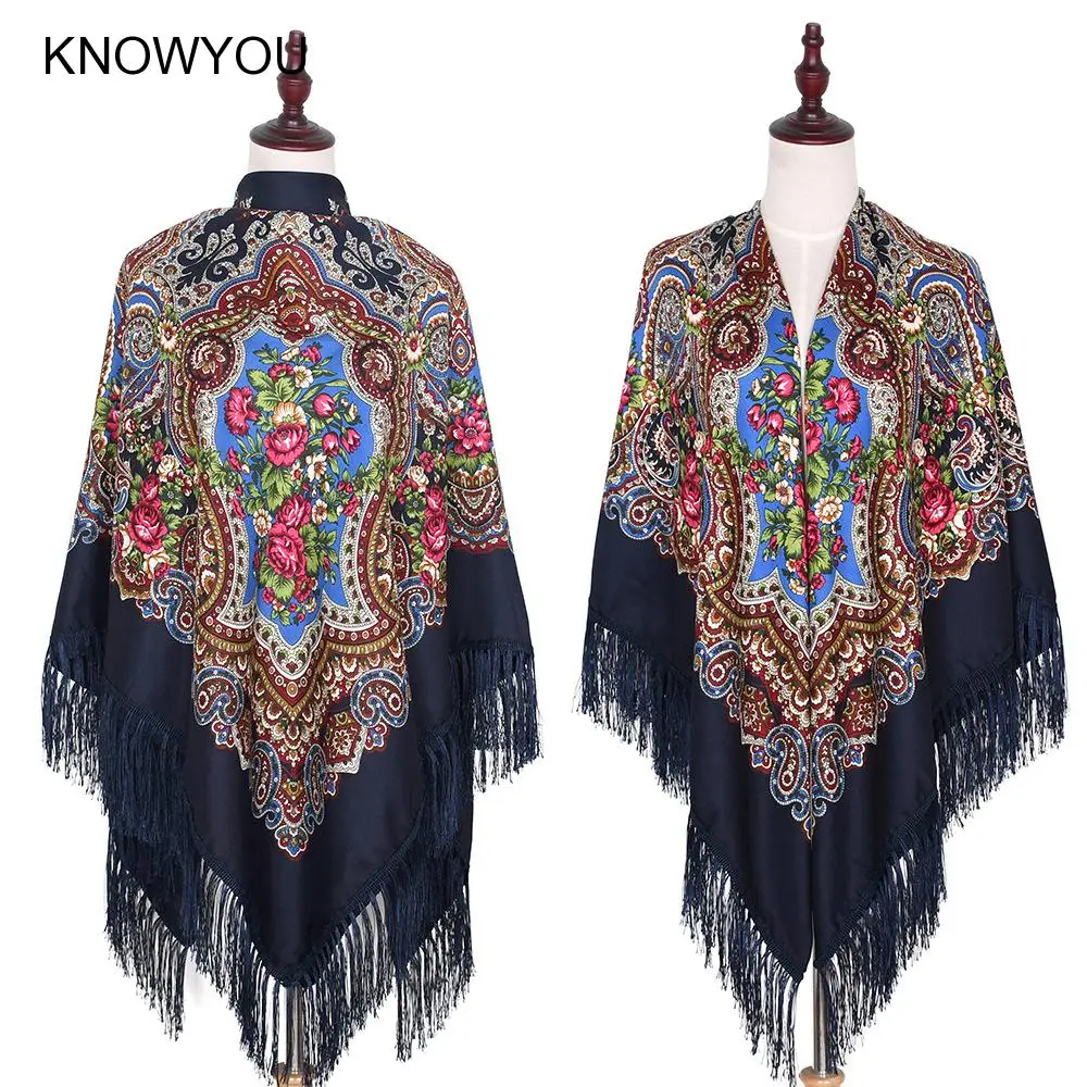 Ethnic Style Print Floral Wraps for Women Russian Fringed Square Scarf Elegant Mujer Bufanda Retro Shawl Large Size Hijabs