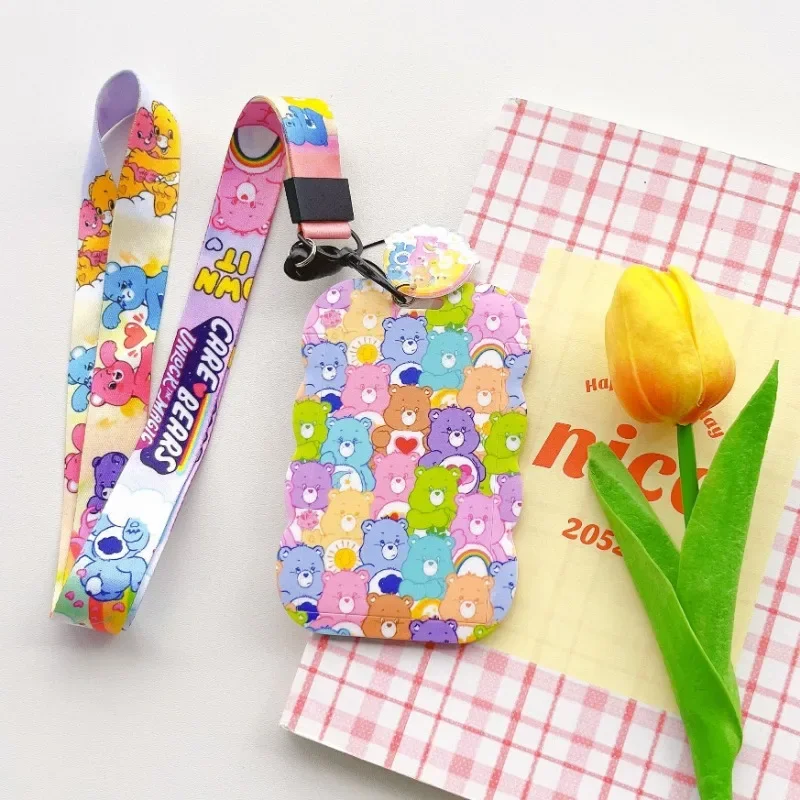 MINISO Carebear Wavy Long Rope Slide Cover Card Sleeve Student ID Card Sliding Card Sleeve Bus Access Control School Bag Pendant