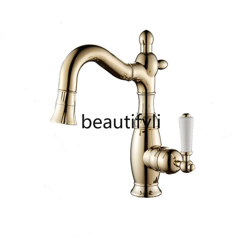 All-copper retro multi-functional hot and cold faucet under-counter basin Ceramic handle wash basin Rotatable and pullable