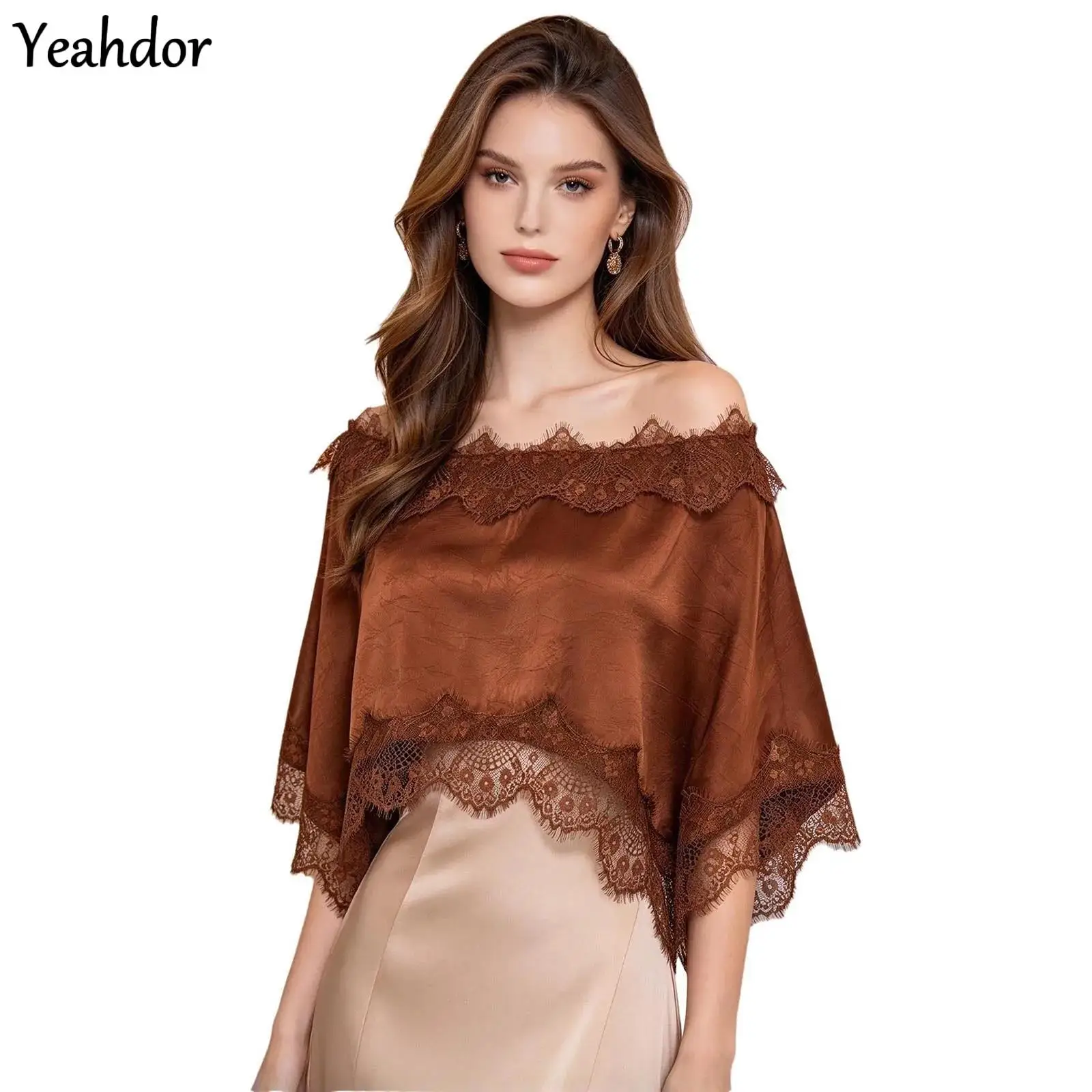 Elegant Women Wedding Lace Trim Satin Shawl Cape Irregular Hem Cover Up Wraps Top Cocktail Banquets Evening Party Shrug Ponchos