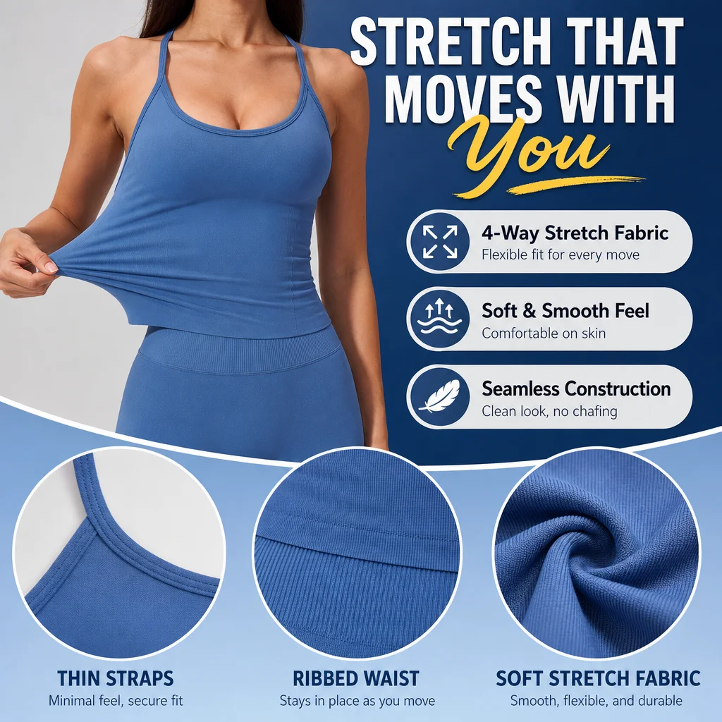 Women's Seamless Sports Tank Top, Cross Back Thin Strap Bra, Ribbed Waist Slim Fit Yoga Vest with Removable Pads