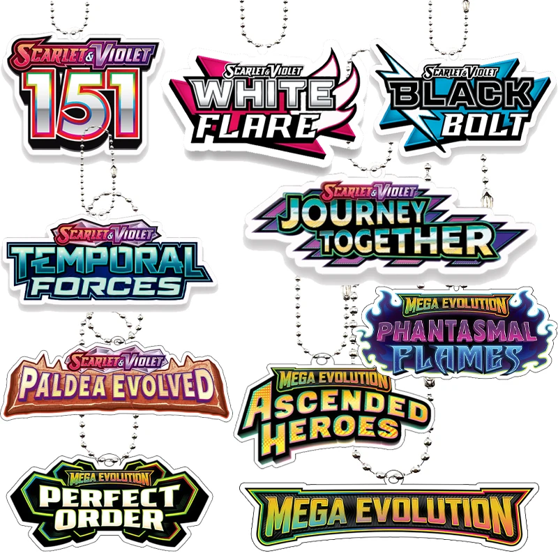 

41styles Акриловый брелок для ключей в стиле аниме PTCG PKM, мультяшный, серия «Красная и Фиолетовая» с логотипом Mega Evolution, подвеска-шарм для телефона, подарки, игрушки