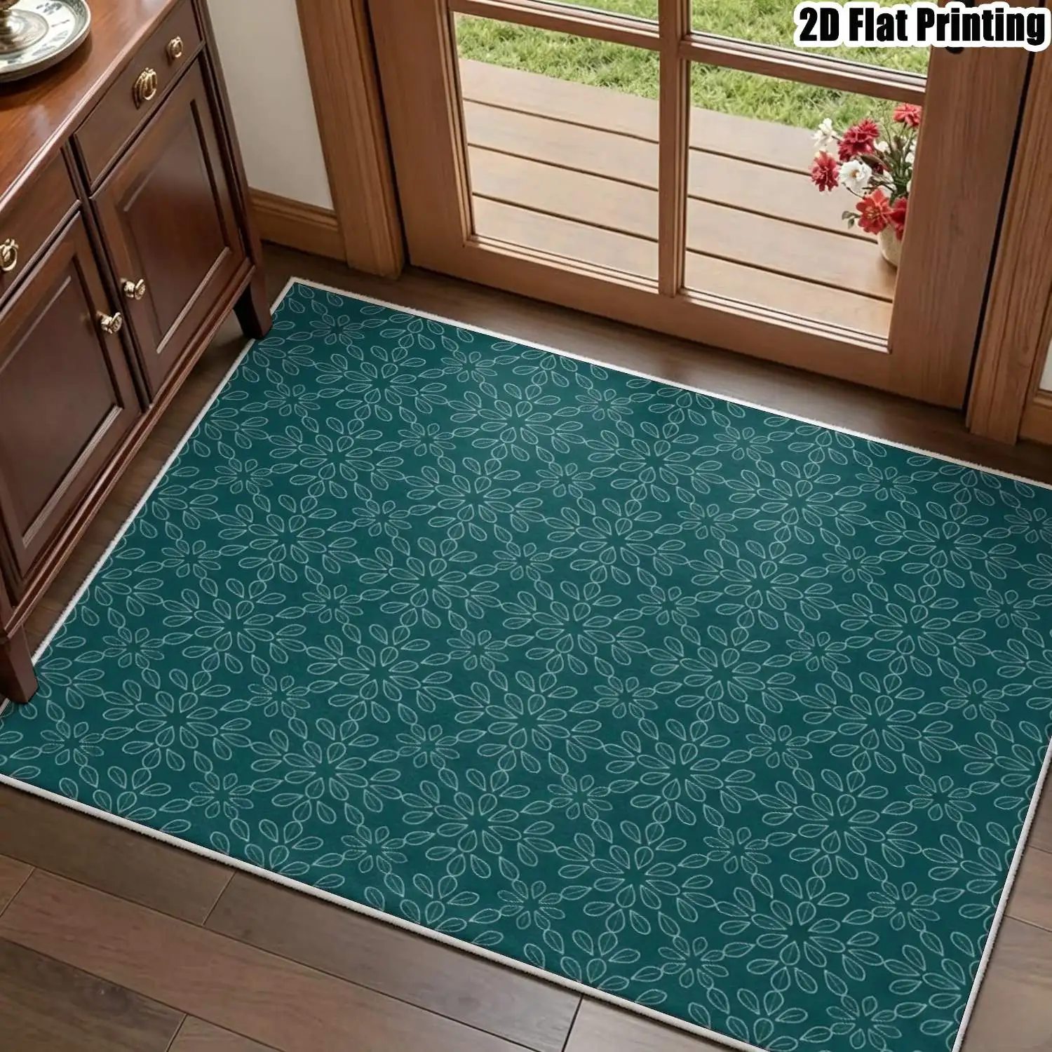 1Pc 2D Printed Velvet Carpet, Dark Green White Geometric Nordic Style Floor Mat, Machine Washable, Multi-Size for Home Decor