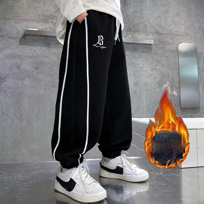 New Plush Boys\' Autumn Pants Boys\' Pants Mid To Big Kids\' Spring And Autumn Sports Leisure Time Pants Handsome And Trendy