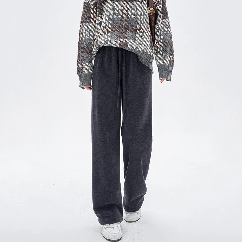 Autumn Winter Fleece Wide Leg Pants Women Casual Elastic High Waist Cotton Trousers Woman 2025 Solid Color Warm Straight Pants