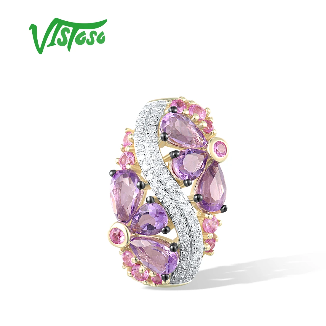 VISTOSO Authentic 14K 585 Yellow Gold Pendant For Women Diamond Purple Flower Amethyst Pink Sapphire Fine Gorgeous Jewelry