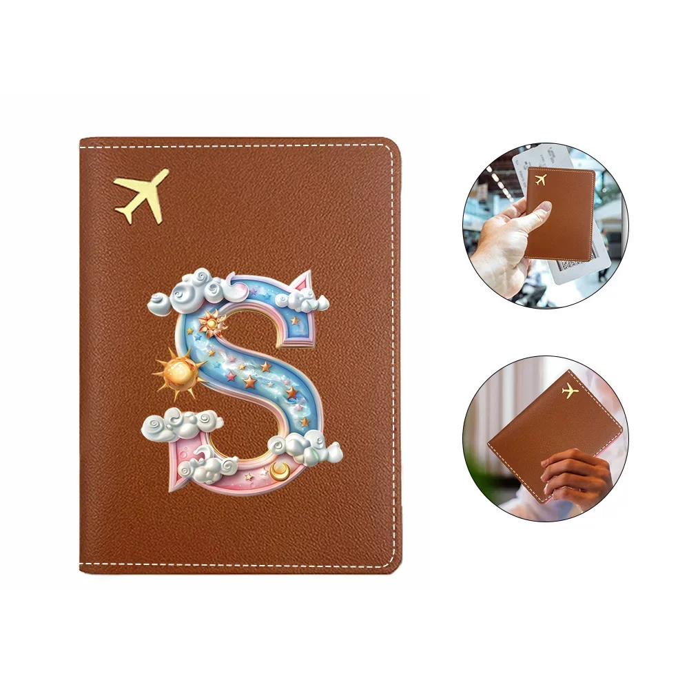 휴대용 접이식 여권 홀더 내구성이 뛰어난 여권 보관 케이스 무지개 빛깔의 구름 이니셜 이름 26 글자 패턴