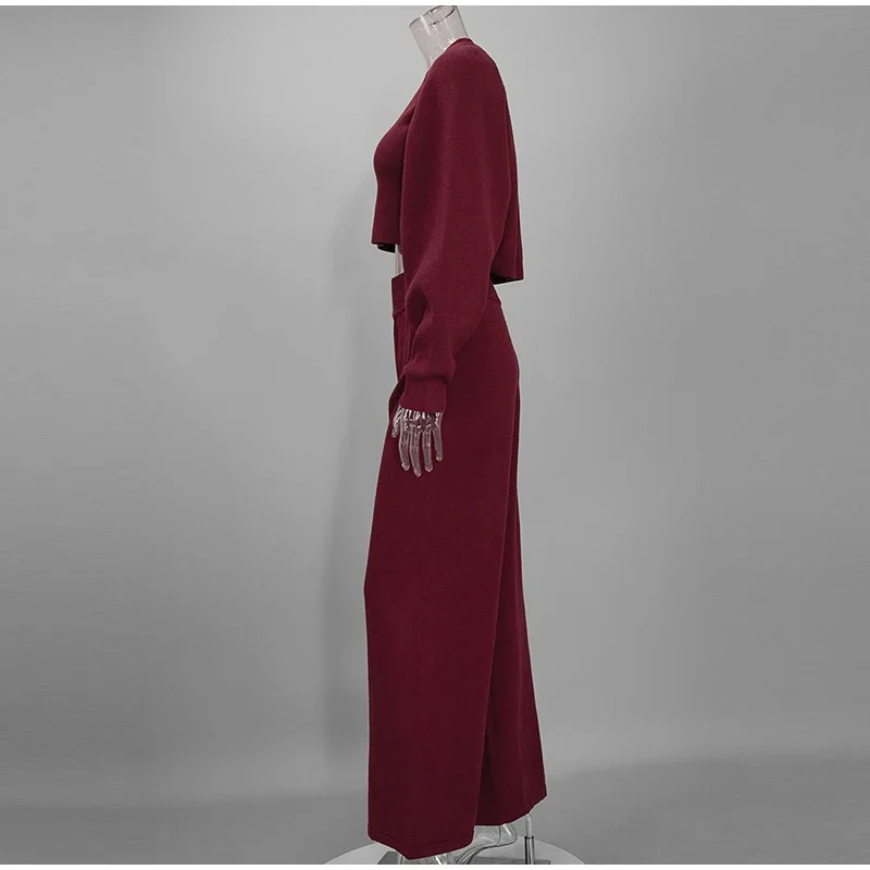 Damen Strick-3-Teiler-Set: O-Ausschnitt, ärmelloses Crop-Top, Langarm-Mantel, weit geschnittene Hose, Herbstmode, neue Strickwaren für Damen – Detail 14