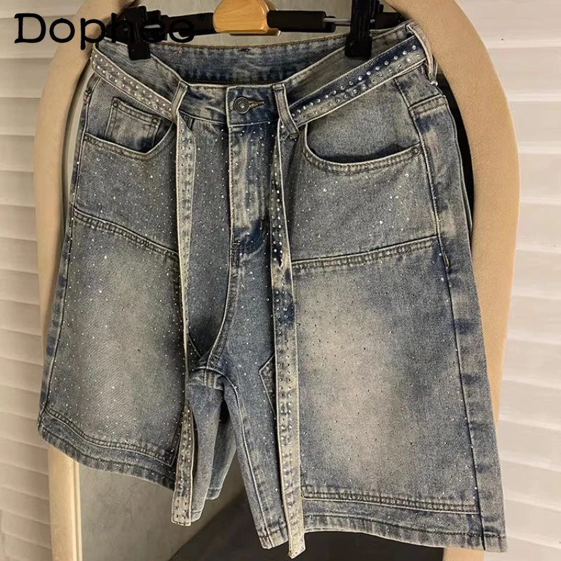 

Fashion Hot Diamond Rhinestone Denim Shorts Men's 2026 Summer High Street Shorts Loose Straight Wide Leg Curved Five-point Pants
