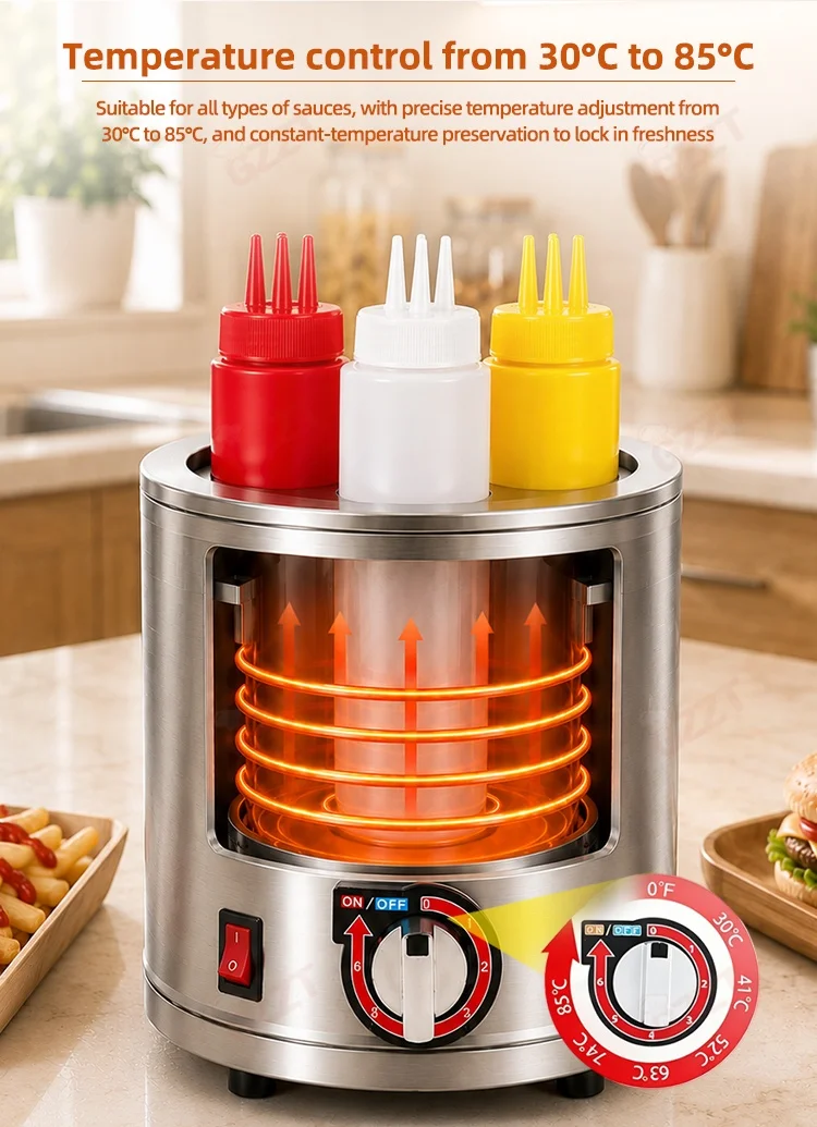 GZZT IMS3D Commercial Sauce Warmer with 3 Bottle Dispenser for Chocolate Cheese Ketchup 30-85℃ Sauce Insulation Machine 110-220V