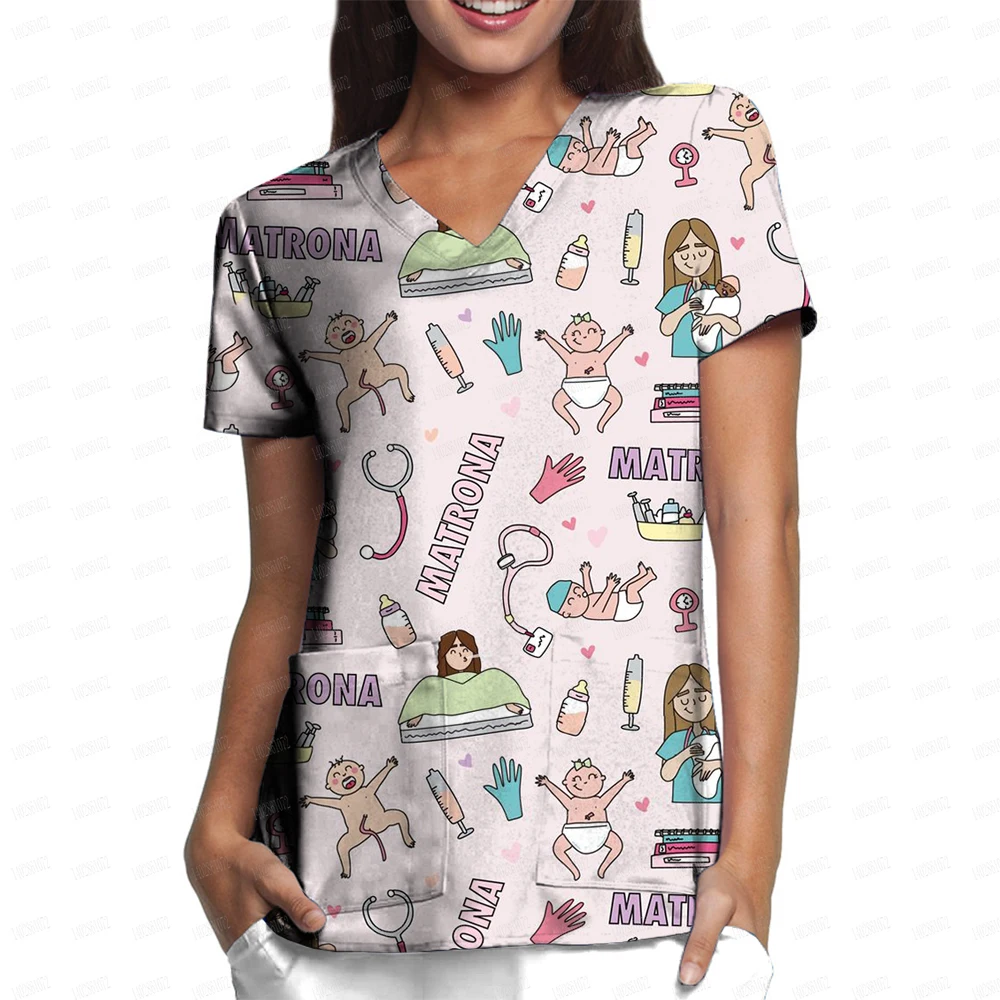 

Женская униформа медсестры, мультяшный 3d-принт, v-образный вырез, карманная медицинская униформа, Мультяшные медсестры, скрабы для кормления, топы, Униформа, милая медсестра