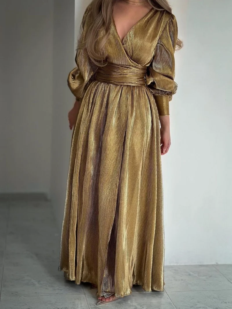 Elegante split vestido longo outono roupas femininas lanterna manga com decote em v grande balanço vestidos de festa à noite vestido de baile a linha