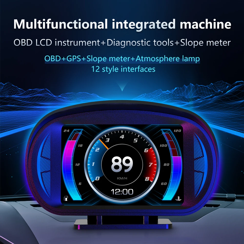 P2 OBD+GPS+Slope meter+Atmosphere lamp+Diagnostic tool 3.5 Inch TFT LCD HD Car HUD with Water Temperature 12 Style interfaces