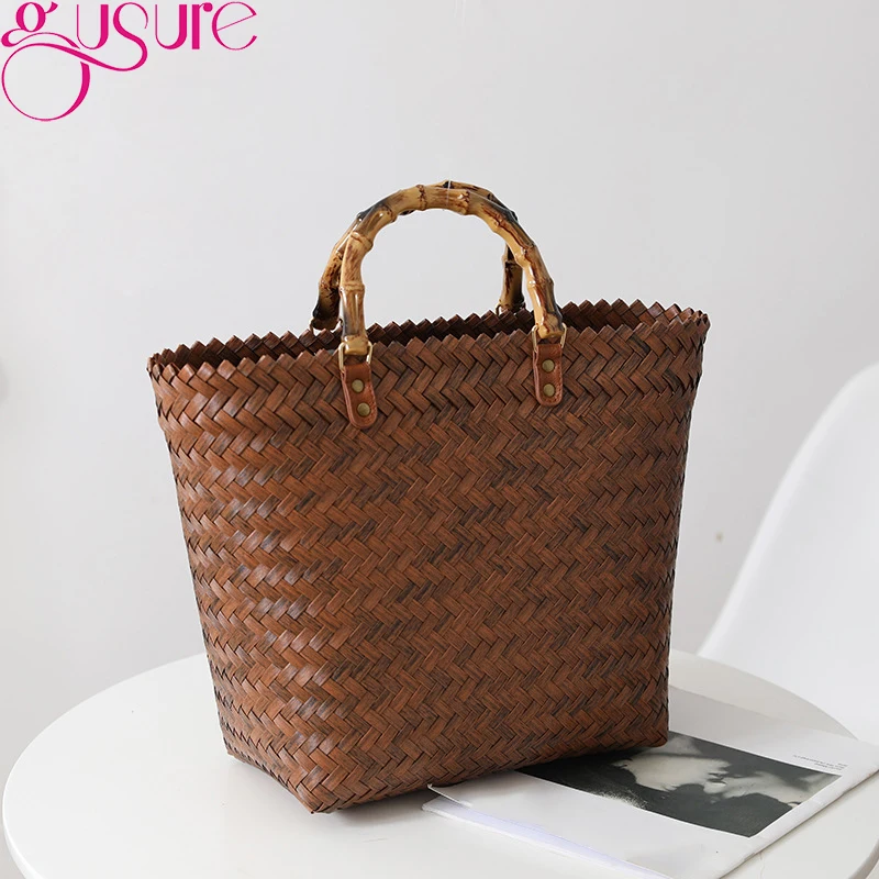 Gusure Handmade Straw Shoulder Bag Summer Travel Women's Woven Rattan Handbag Female Beach Bag Shopper Tote Purse Bohemia bolso