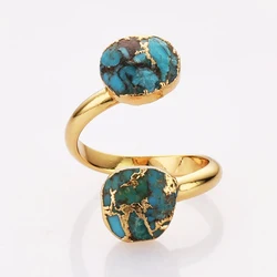 BOROSA Golden Color Druzy Natural Blue Stone Open Ring Fashion Copper Turquoise Adjustable Rings for Women Wedding Jewelry Gifts