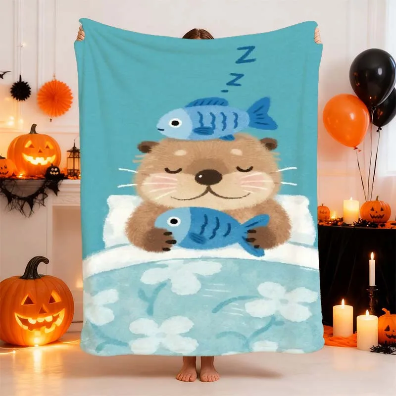 1pc Cozy Plush Flannel Blanket - Beaver & Fish Forest Animal Print in Green/Brown/Beige Tones, All-Season Soft Bedspread, Wrinkl