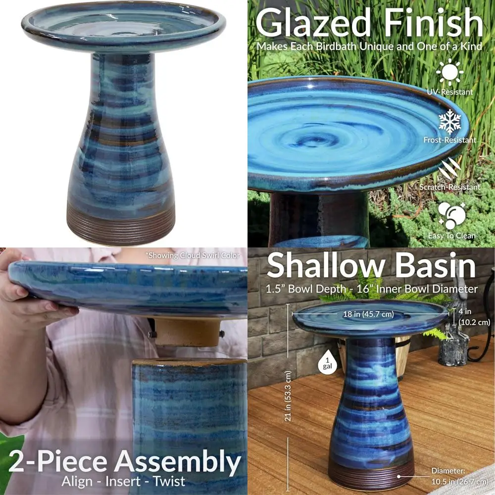 

"21-Inch Hand-Painted Ceramic Outdoor Bird Bath Bowl with UV and Frost Resistance in Galaxy Blue Finish"