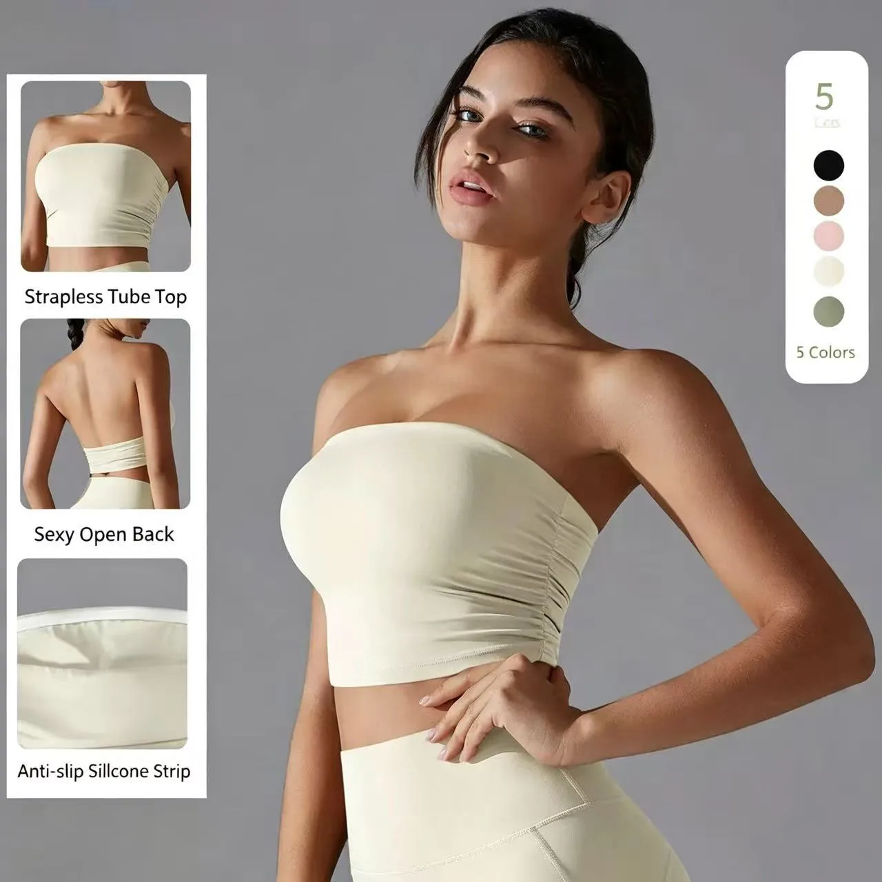 Women Padded Bandeau Tube Top Strapless Wireless Sports Bra Solid Yoga Crop Top Sexy Female Fitness Gym Top Workout Bralette