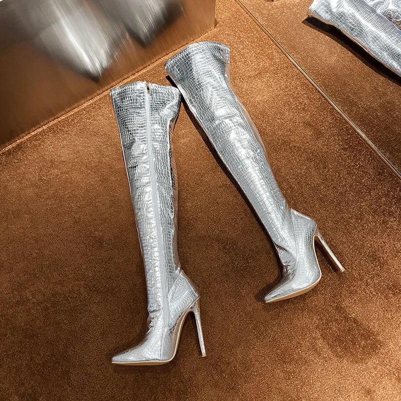 Sexy Bright Fish Scale Pattern Knight Boots Retro Pointed Heel Knee Zipper Fashion Boots Large Size High Heel Women'S Boots