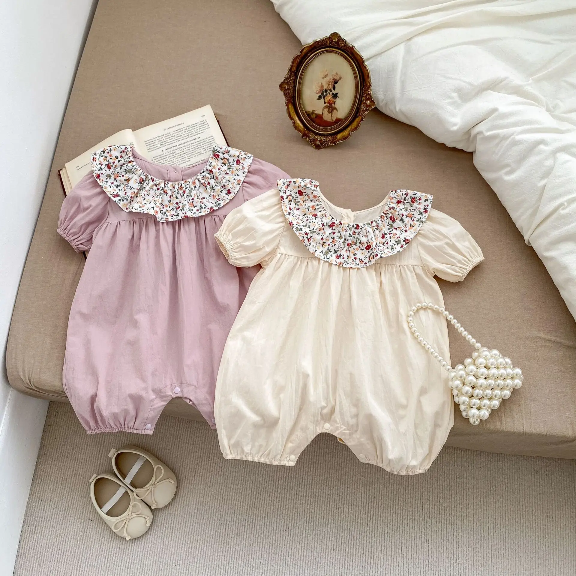 

2024 Summer New Baby Short Sleeve Romper Cotton Infant Girl Floral Lapel Jumpsuit Newborn Toddler Versatile Solid Clothes 0-24M