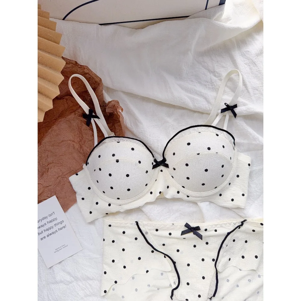 Bra Set Cute Polka Dot for Women Small Bust Push Up Wireless No Underwire Anti Sag Side Coverage Wedding 32-38AB Breathable Soft