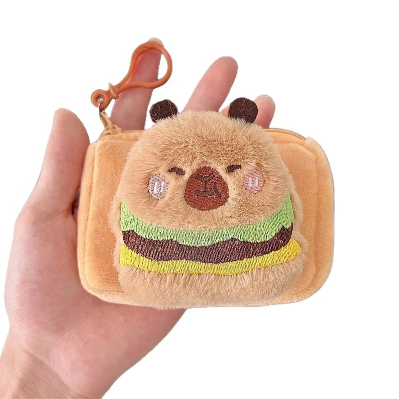 【Happy-Day】 Portamonete in peluche con capibara di Amburgo dei cartoni animati Simpatico sacchetto per il cambio dei soldi Mini sacchetto di immagazzinaggio per auricolari in peluche con portachiavi
