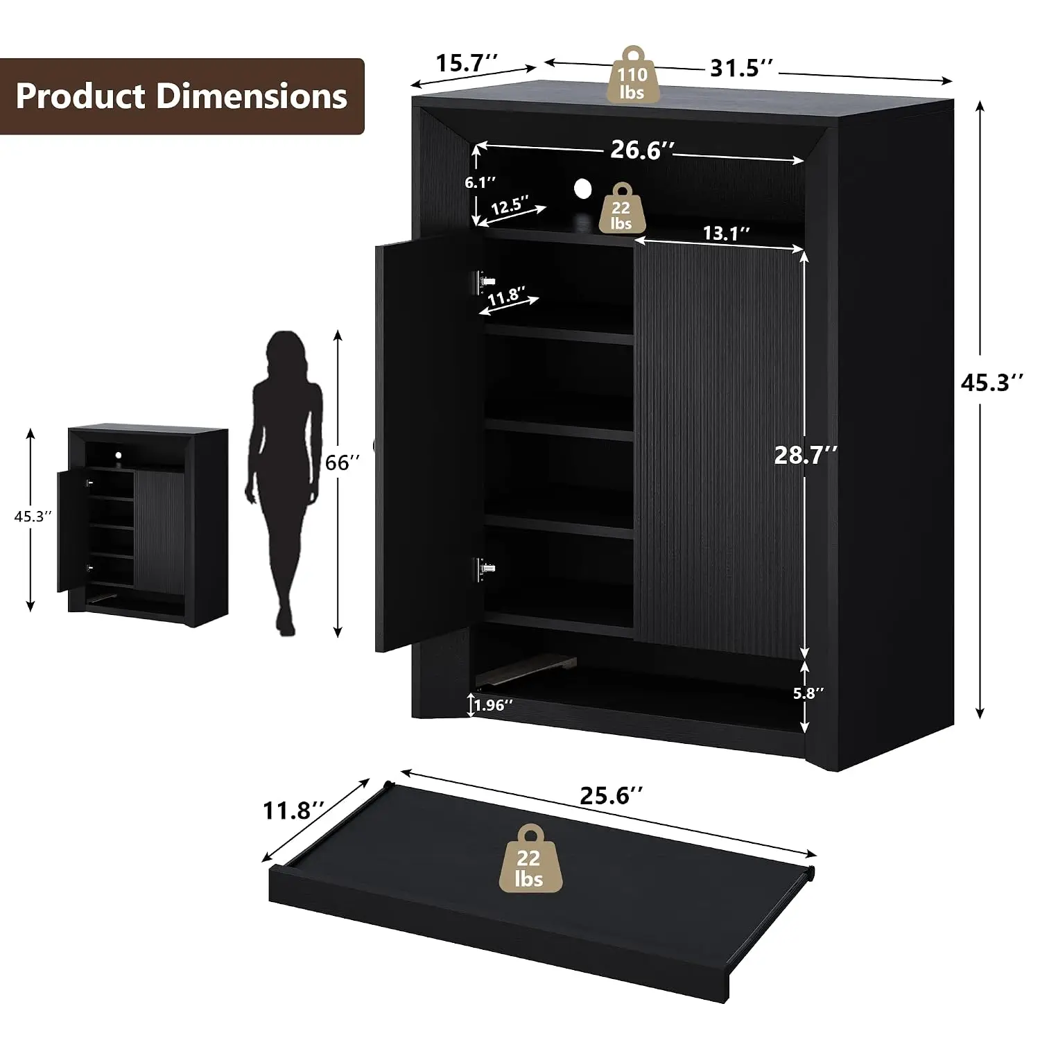 LED Shoe Cabinet w/App & Music Sync, Adjustable Shelves & Drawer, Entryway Organizer, 15-25 Pairs, Black, Customized