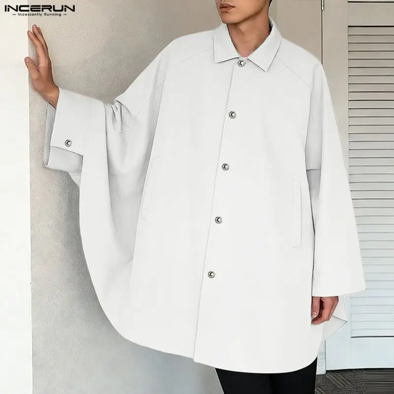 INCERUN Men Shirt Cloak Solid Color Lapel Long Sleeve Button Men Ponchos Streetwear 2026 Fashion Casual Long Style Shirts Men