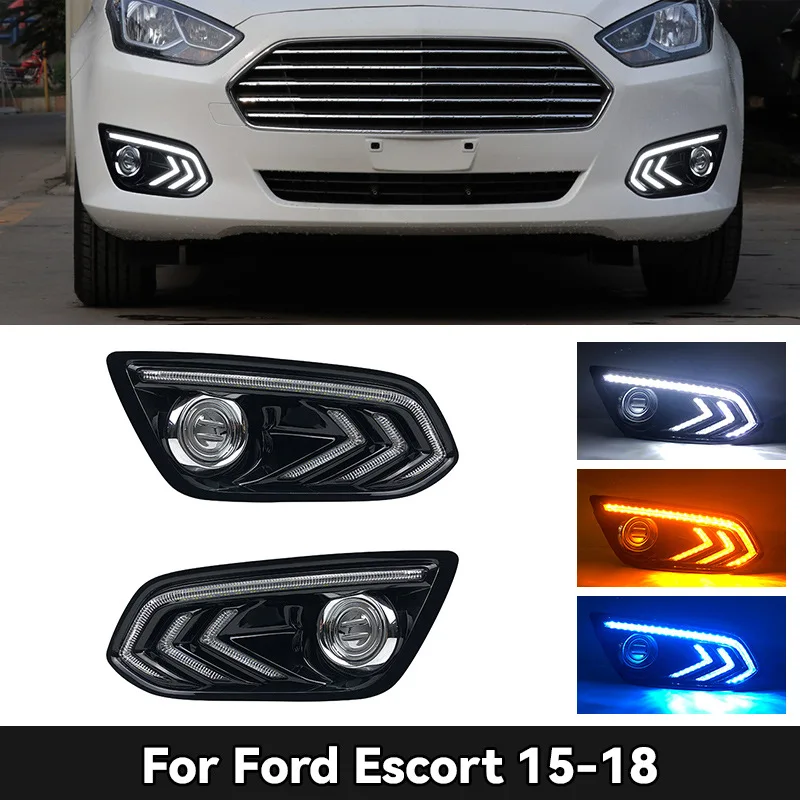 

2PCS For Ford Escort 2015 2016 2017 2018 Car DRL LED Daytime Running Light With Turn Yellow Signal Fog lamp cover