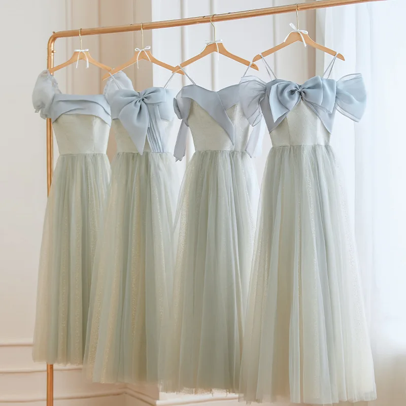 4 Styles Spaghetti Strap Bridesmaid Dress Sweet Bow Grey Tulle Sisters Group Dresses Lace Up backless Wedding Female Guest Gown