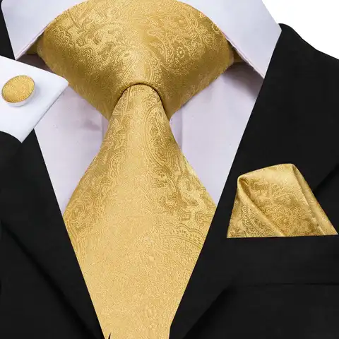 Hi-Tie Men Tie Set Floral Yellow Gold Ties and Handkerchiefs Cufflinks Set Men's Wedding Party Suit Fashion Neck Tie silk C-3053