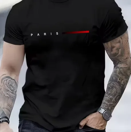 Men's Cotton Summer Loose PARIS Creative Letter Print Casual Slim Fit Round Neck Short Sleeved T-shirt Top Moisture Wicking