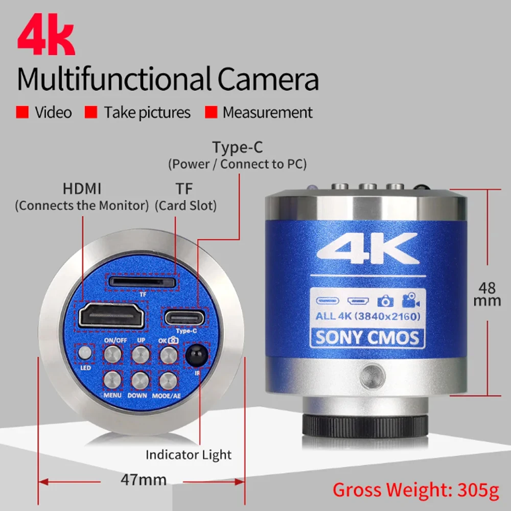 4K 48MP Video Microscope HDMI USB-C Industrial Microscope Camera 1-150X Zoom C Lens For Soldering Repair Image Acquisition