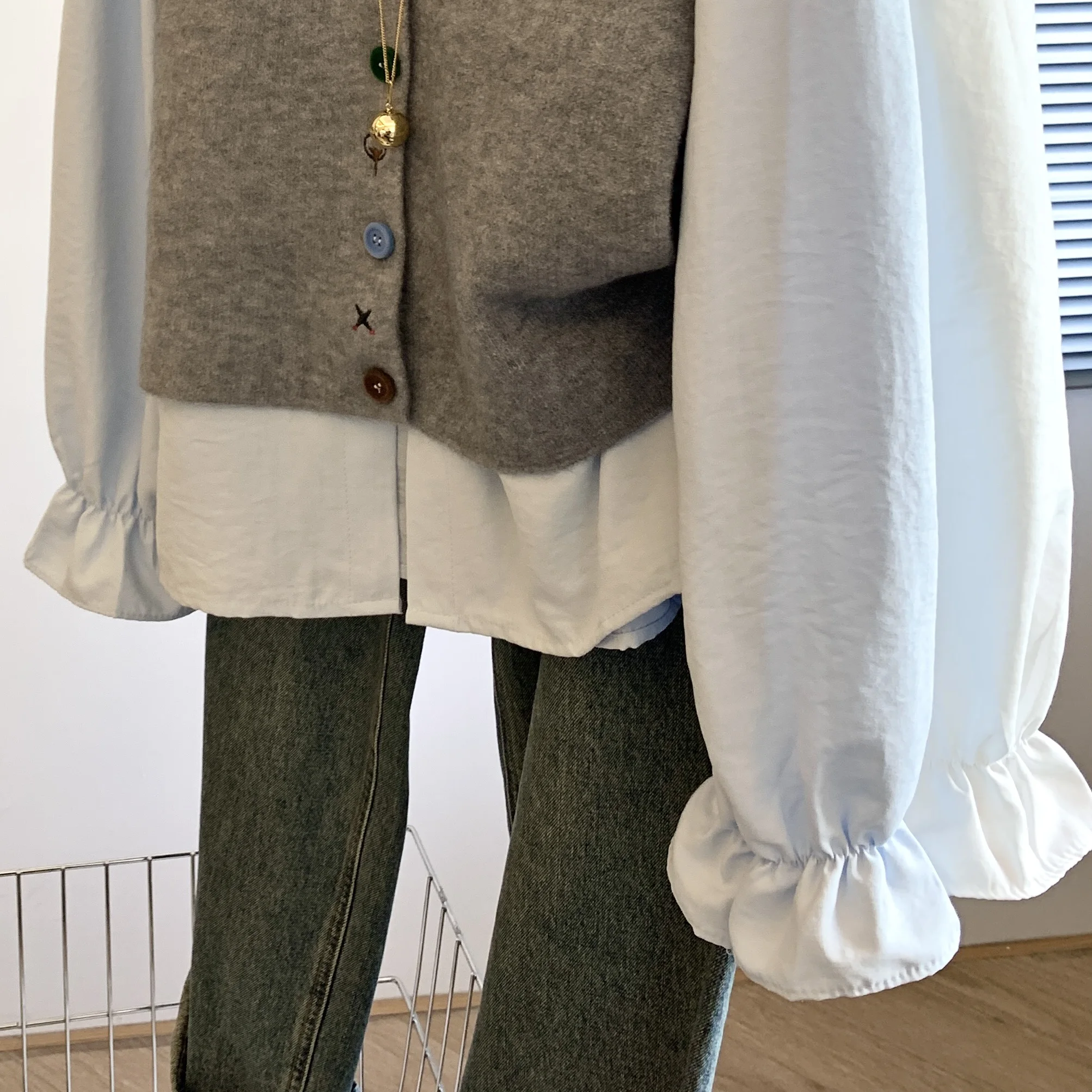 여성용 그레이 인형 칼라 셔츠 스웨터 투피스 세트 2000년대 하라주쿠 일본 Y2k 달콤한 귀여운 니트 조끼 크로 셰 뜨개질 셔츠 탑