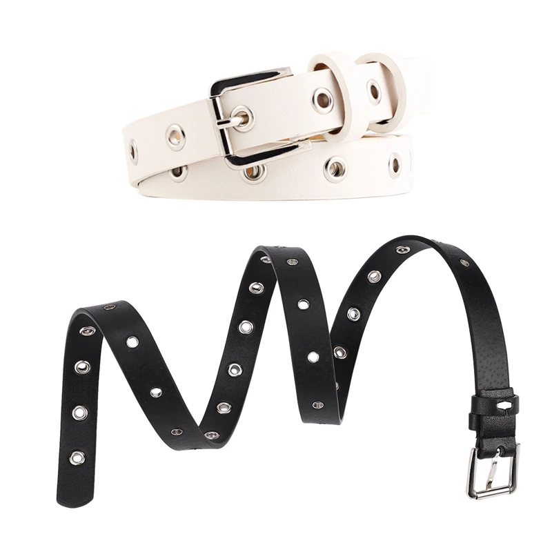 

2x Fashion Gothic Pu Waist Belt Patchwork Row Hole Belt Women Buckle Belts Punk Waistband Black & White