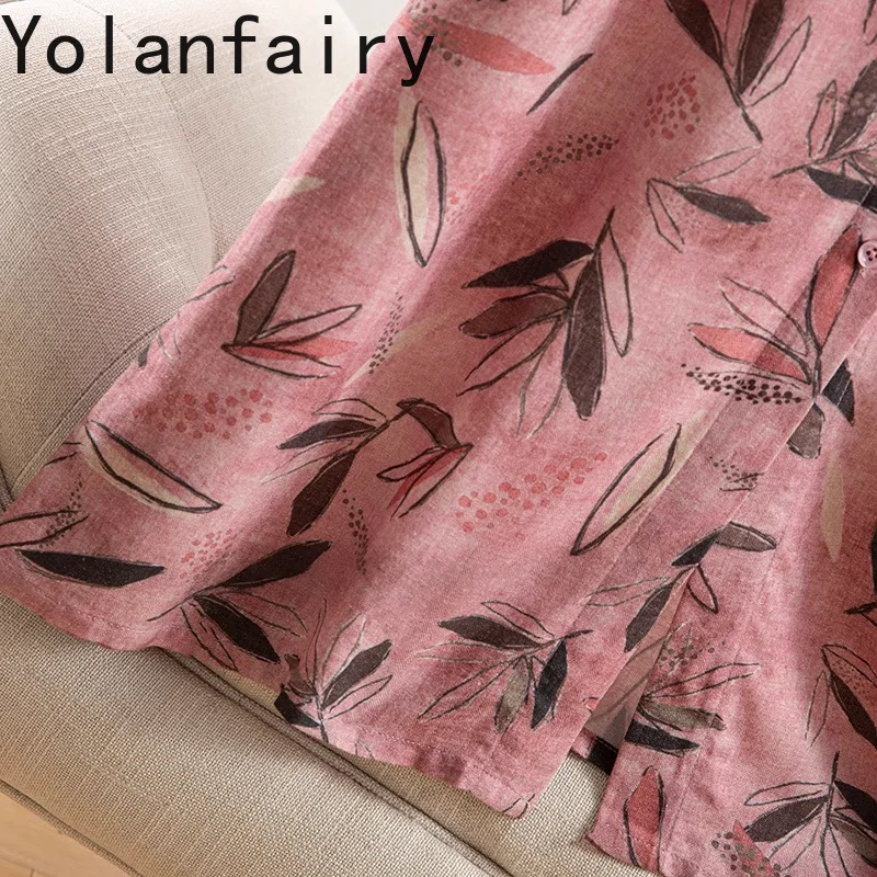 YOLANFAIRY 70% 뽕나무 실크 30% 코튼 드레스 여성 우아한 프린트 셔츠 드레스 여성 라운드 넥 하프 슬리브 여성 드레스