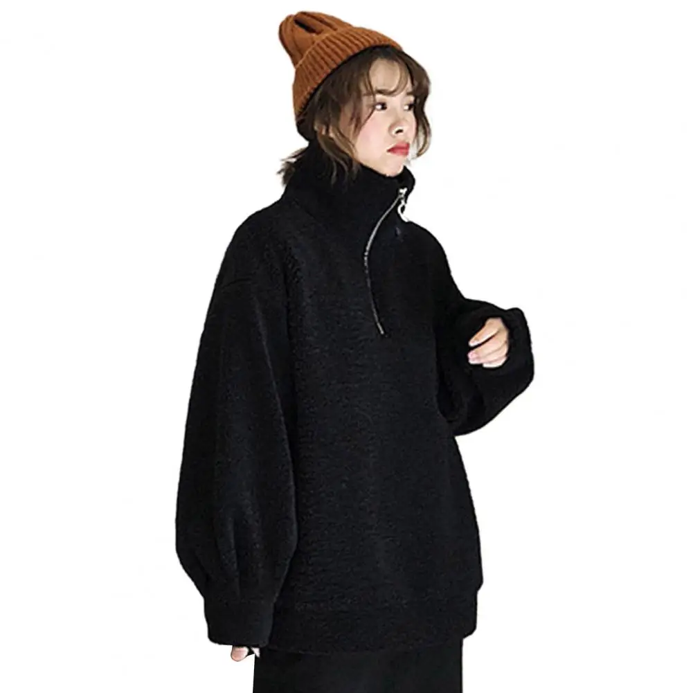 

Women's Solid Color Sweatshirt High Collar with Zipper Thick Plush Long Sleeve Pullover