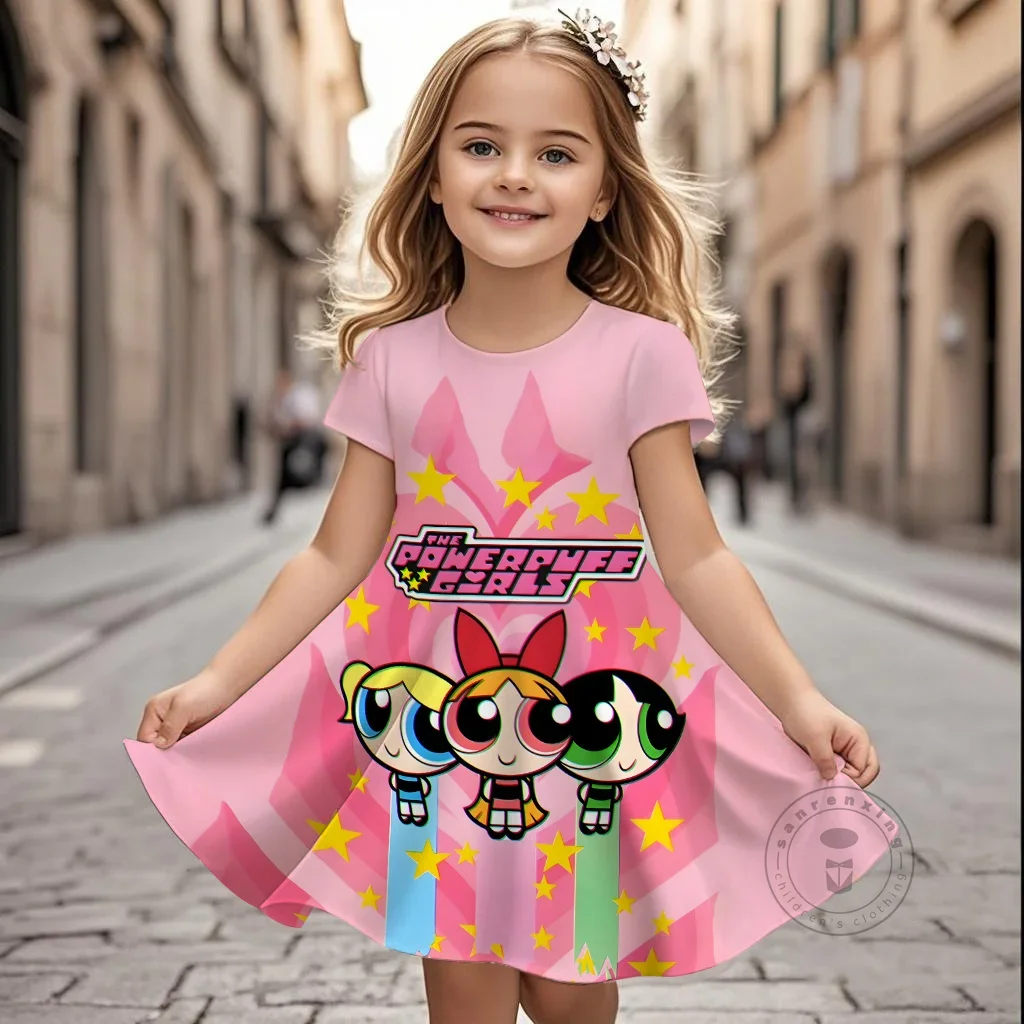 

Милое трендовое тематическое платье Powerpuff для девочек с 3D принтом, коротким рукавом и круглым вырезом, летняя и осенняя кавайная одежда свободного покроя для девочек