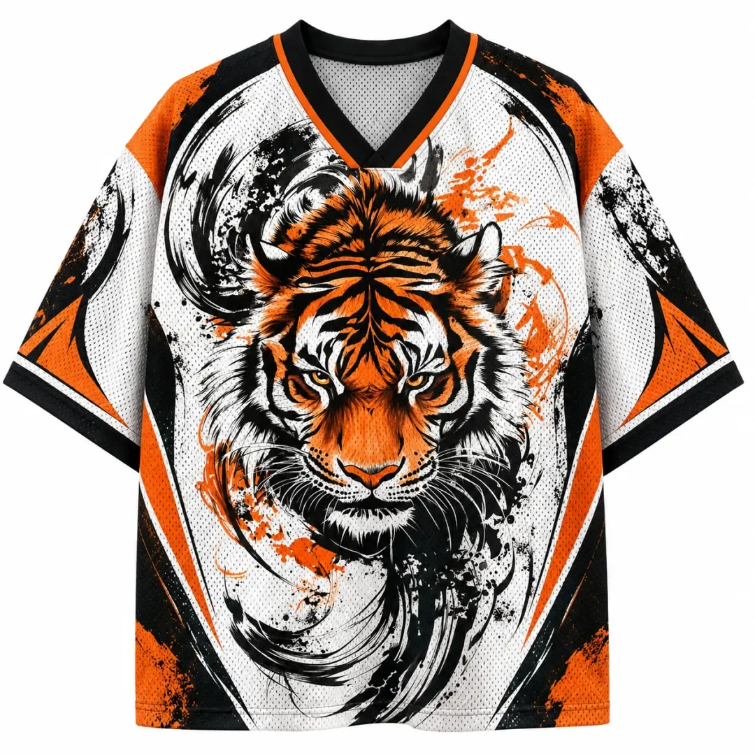 Ink Splatter Tiger Head Full Width Printed Short Sleeved T-shirt Japanese Style Breathable Quick Drying Casual Loose T-shirt